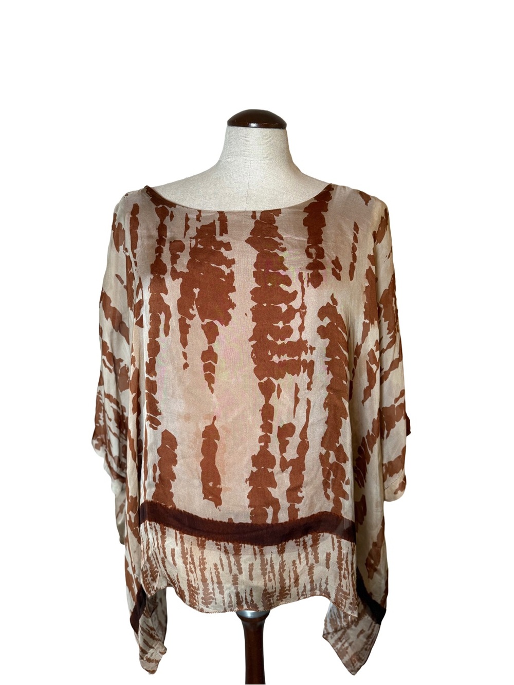 Silk Boho Sheer Tie-Dye Poncho Top in Cream and Rust (Made in Italy)